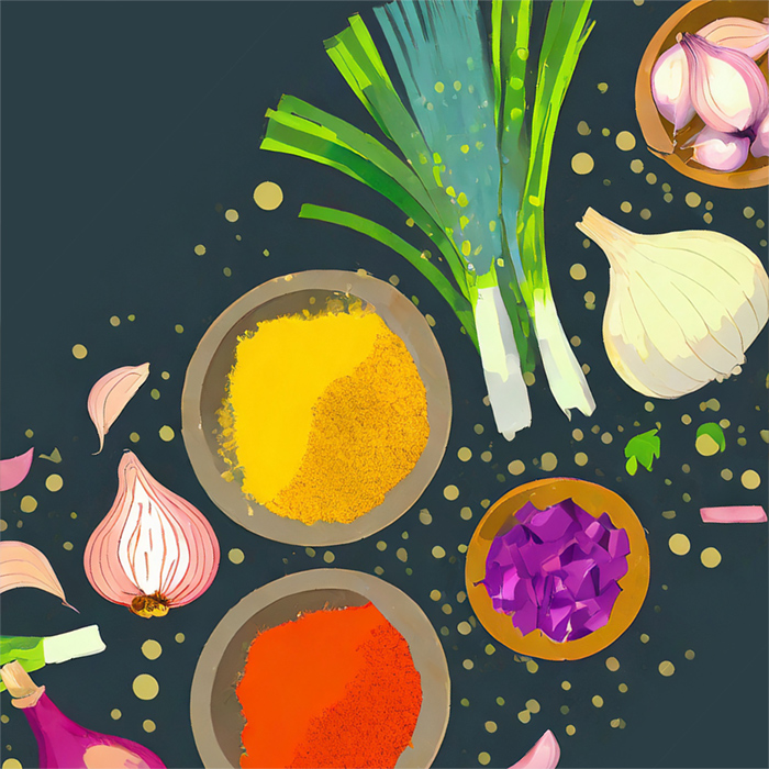 Graphic of garlic, spices, and onions on a dark background