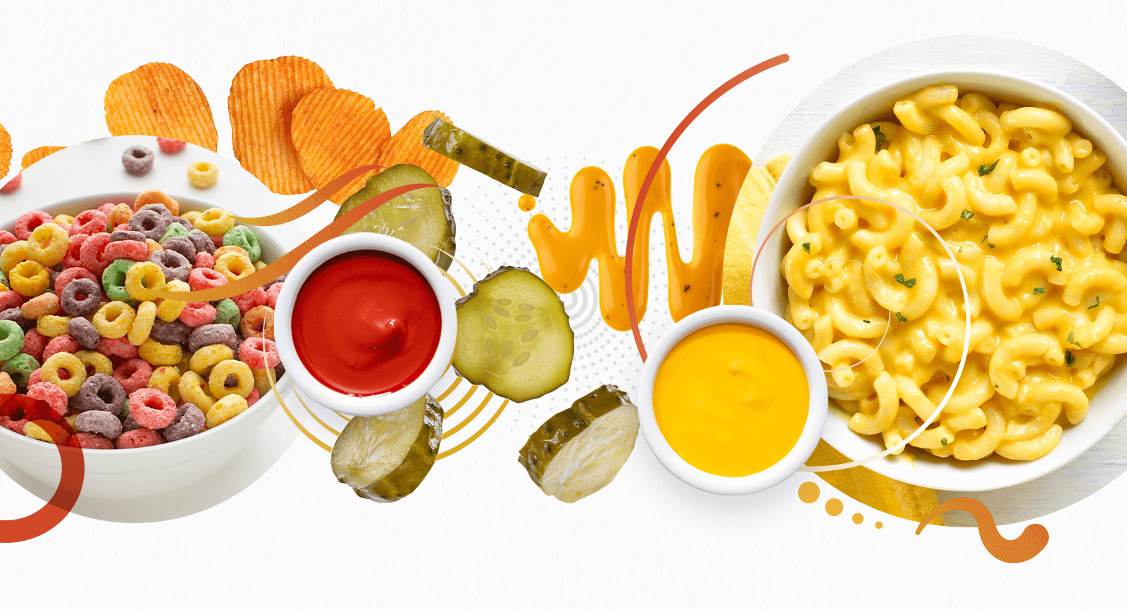 Colorful foods including orange puffed snacks, yellow soup &amp; sauce, and red sauce
