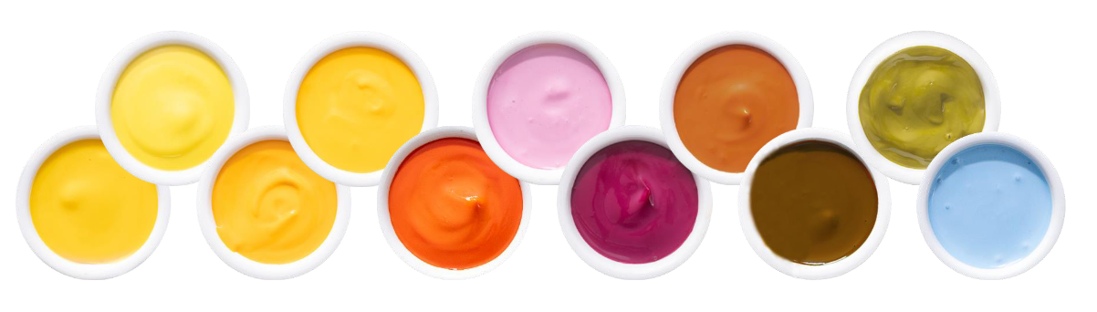 row of white cups filled with sauces of various colors (yellow, orange, pink, red, brown, green, blue