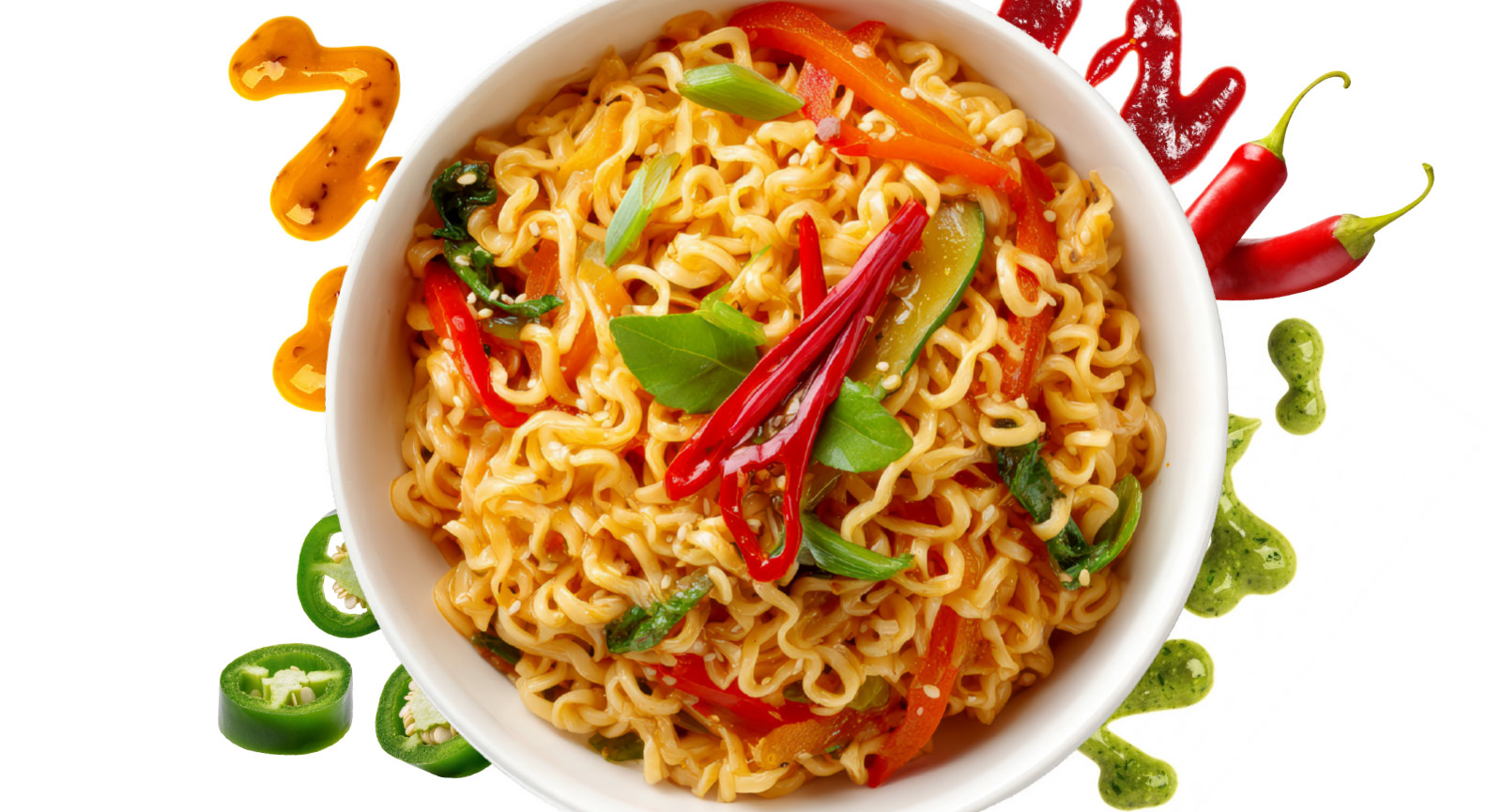 Spicy ramen bowl with sauce on white background