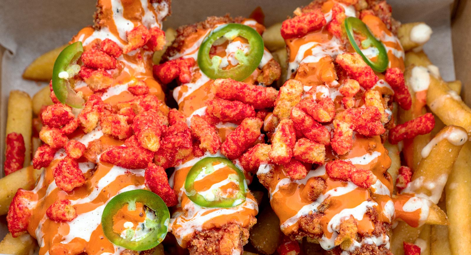 Spicy and saucy chicken and fries