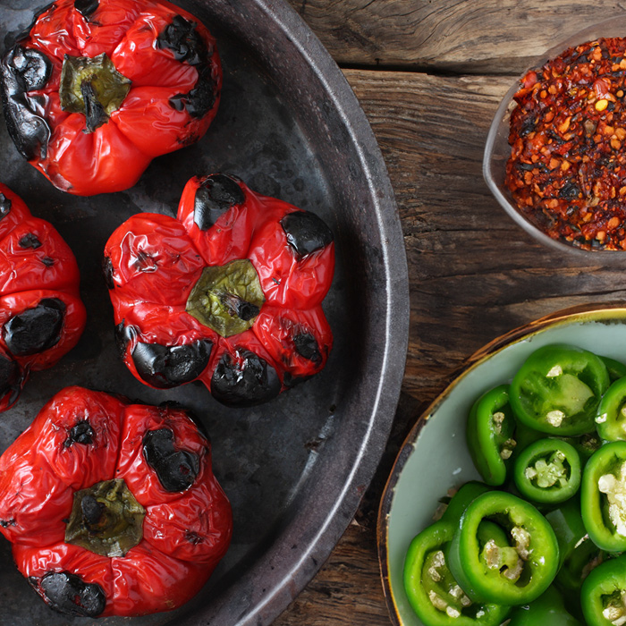 Toasted red peppers and jalapenos