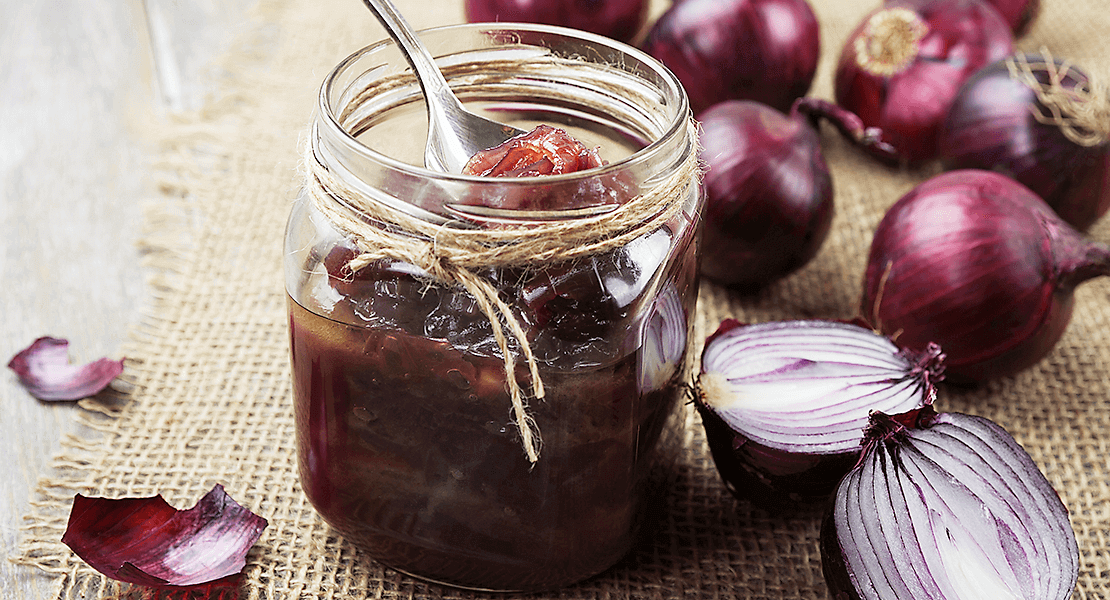 Mason jar of red onion jam