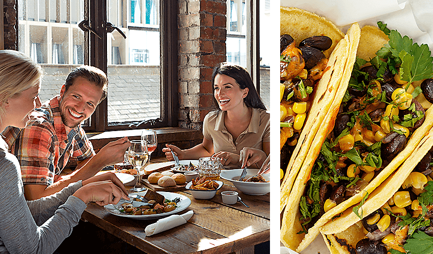 Left: 3 people eating at a restaurant | Right: Black bean tacos with corn and cilantro