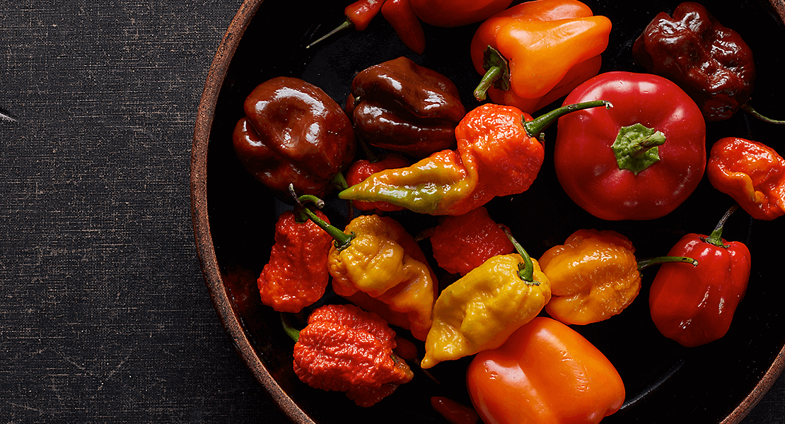 Bowl of various colored peppers