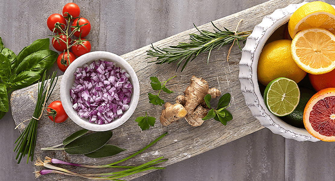 Red onion, tomatoes, rosemary and ginger